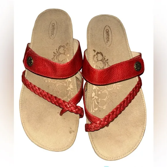 - Aetrex Lena Braided Quarter Strap Cork Wedge  Leather Sandals 8