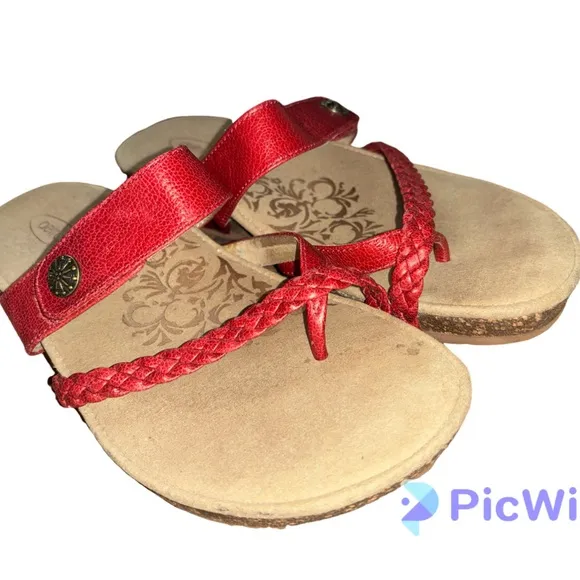 - Aetrex Lena Braided Quarter Strap Cork Wedge  Leather Sandals 8