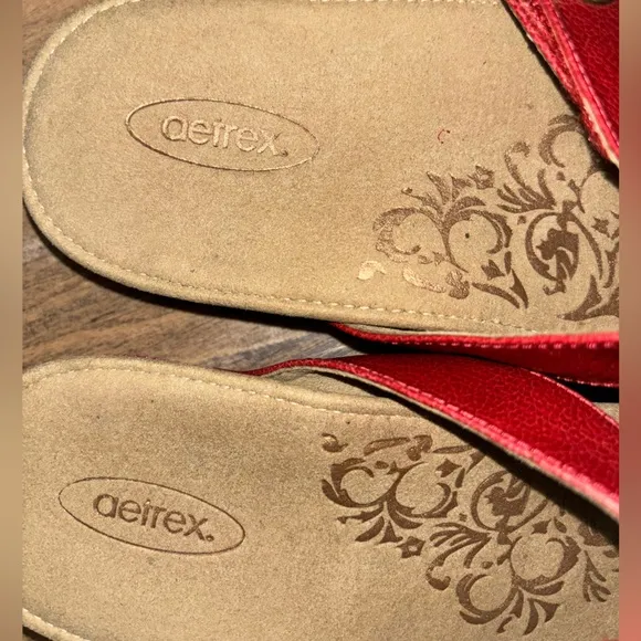 - Aetrex Lena Braided Quarter Strap Cork Wedge  Leather Sandals 8