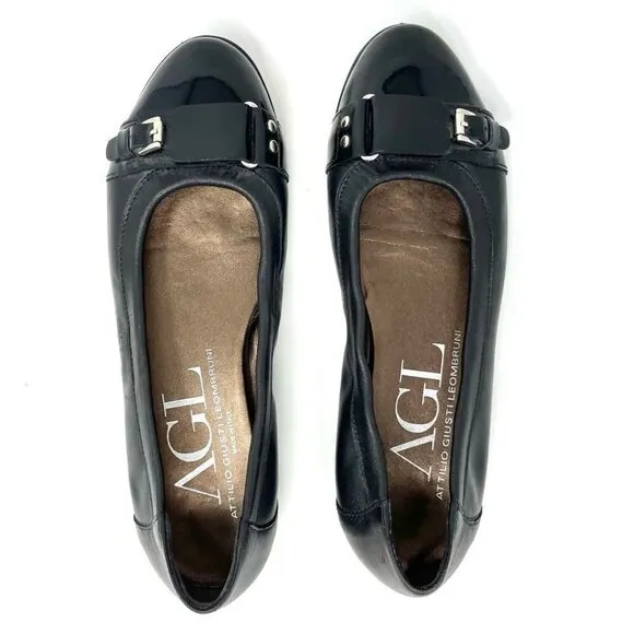 * AGL Black Toe Cap Buckle Ballet Flats Size 38 Made in Italy