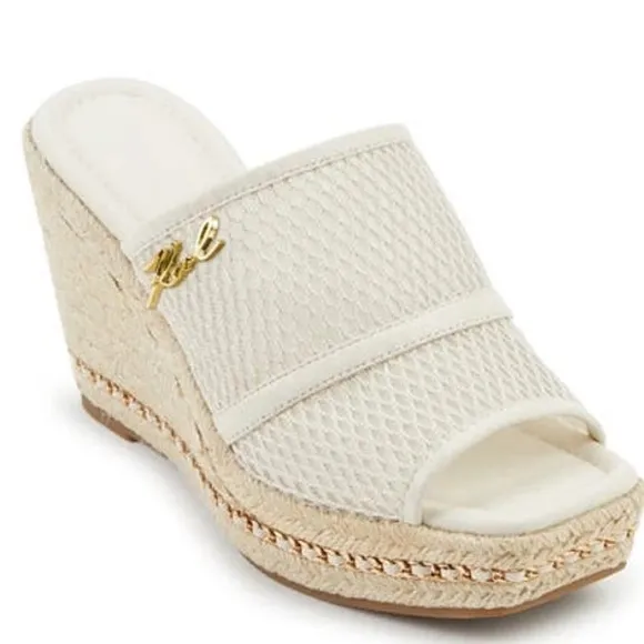 ✅ Karl Lagerfeld Paris Corissa Wedge Peep Toe Mule Ecru/White in Sz 10