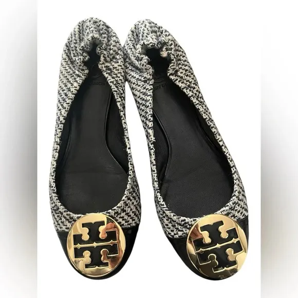 💎 Tory Burch Navy Blue Shimmer Tweed Reva flats 8.5
