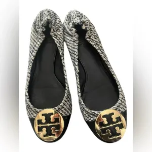 💎 Tory Burch Navy Blue Shimmer Tweed Reva flats 8.5