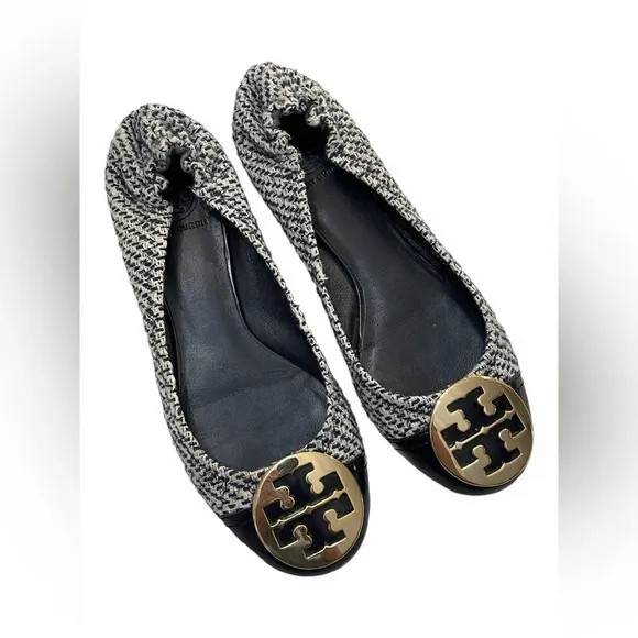 💎 Tory Burch Navy Blue Shimmer Tweed Reva flats 8.5