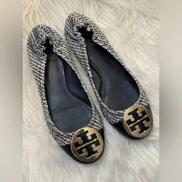 💎 Tory Burch Navy Blue Shimmer Tweed Reva flats 8.5