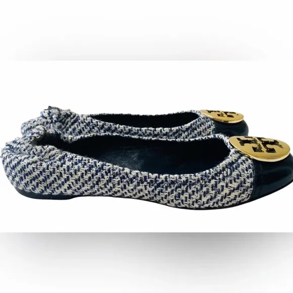 💎 Tory Burch Navy Blue Shimmer Tweed Reva flats 8.5