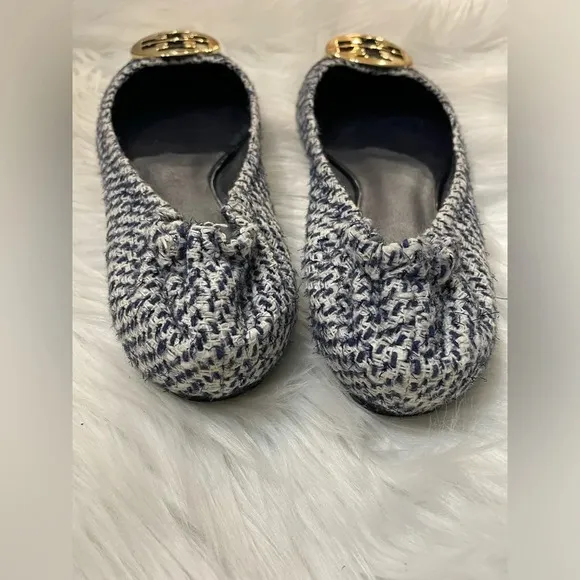 💎 Tory Burch Navy Blue Shimmer Tweed Reva flats 8.5