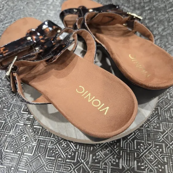 🐢 VIONIC Women's &quot;RADIA&quot; Brown Tortoiseshell Straps Wedge Slide Sandals Size