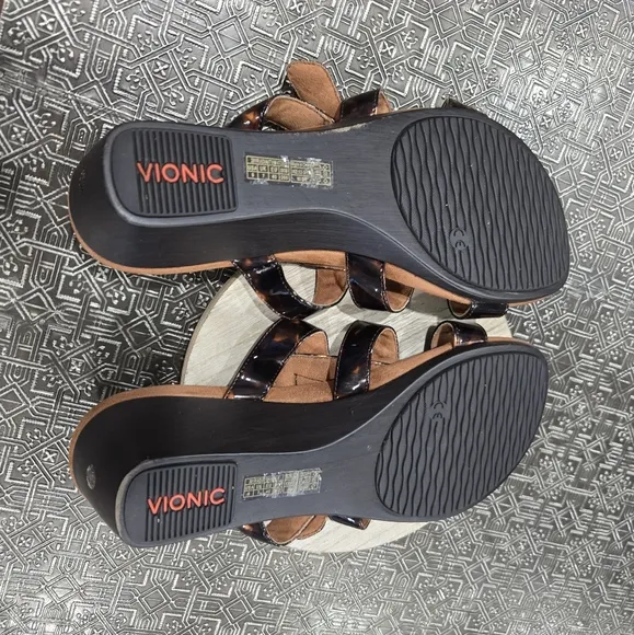 🐢 VIONIC Women's &quot;RADIA&quot; Brown Tortoiseshell Straps Wedge Slide Sandals Size