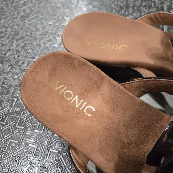 🐢 VIONIC Women's &quot;RADIA&quot; Brown Tortoiseshell Straps Wedge Slide Sandals Size