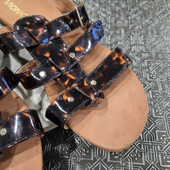 🐢 VIONIC Women's &quot;RADIA&quot; Brown Tortoiseshell Straps Wedge Slide Sandals Size