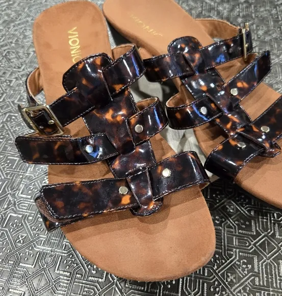 🐢 VIONIC Women's &quot;RADIA&quot; Brown Tortoiseshell Straps Wedge Slide Sandals Size