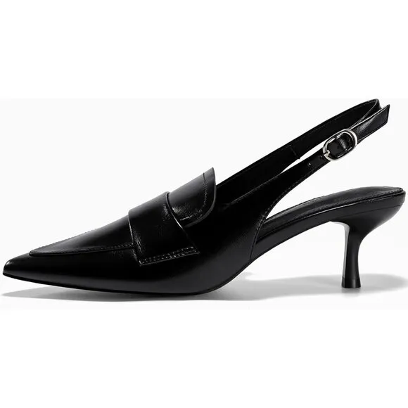 💫 Women Black Loafers Splicing Vintage Heels Slingback Pointed Toe Office Shoes