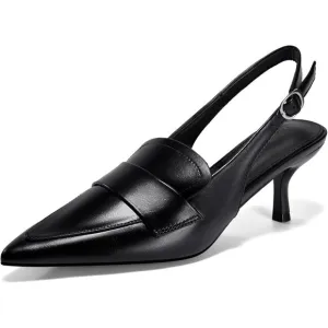 💫 Women Black Loafers Splicing Vintage Heels Slingback Pointed Toe Office Shoes