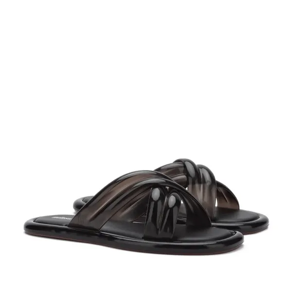 $115 Melissa x Larroudé Cali In Black PVC Slide Sandals