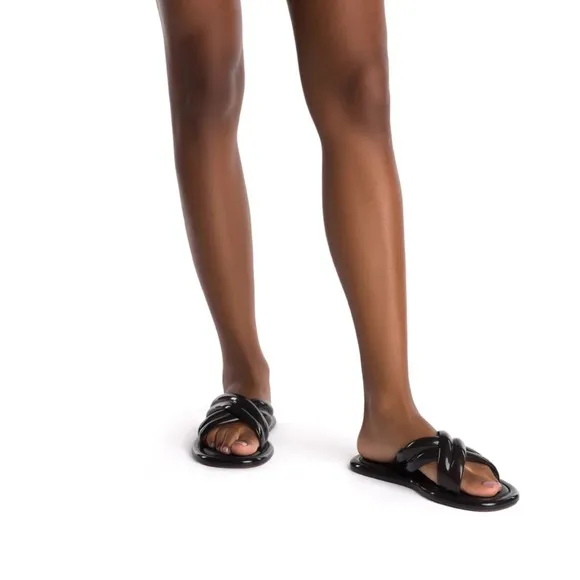 $115 Melissa x Larroudé Cali In Black PVC Slide Sandals