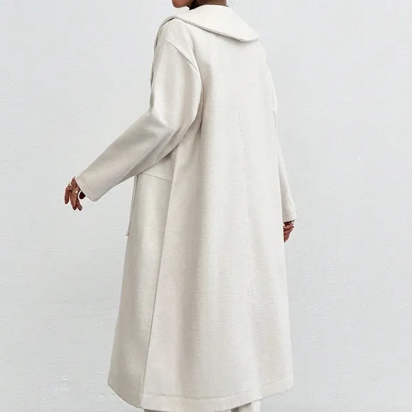 1pc Women's Solid Color Oversized Collar Tie Pocket Casual Long Sleeve Long Coat