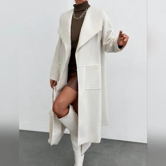 1pc Women's Solid Color Oversized Collar Tie Pocket Casual Long Sleeve Long Coat
