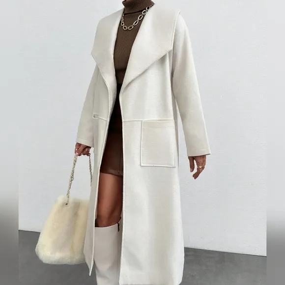 1pc Women's Solid Color Oversized Collar Tie Pocket Casual Long Sleeve Long Coat