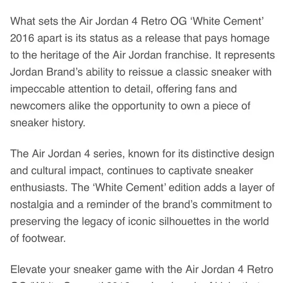 2016 Jordan Retro 4 OG “White Cement” Size 11
