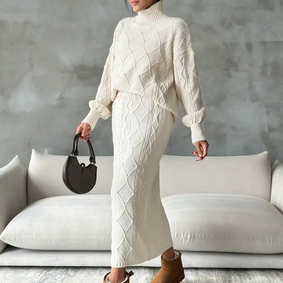 2pcs Women Casual Plain High Neck Long Sleeve Top And Skirt Set