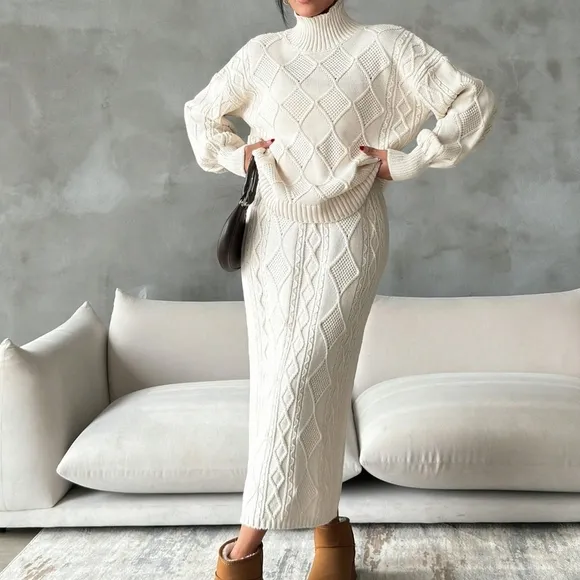 2pcs Women Casual Plain High Neck Long Sleeve Top And Skirt Set