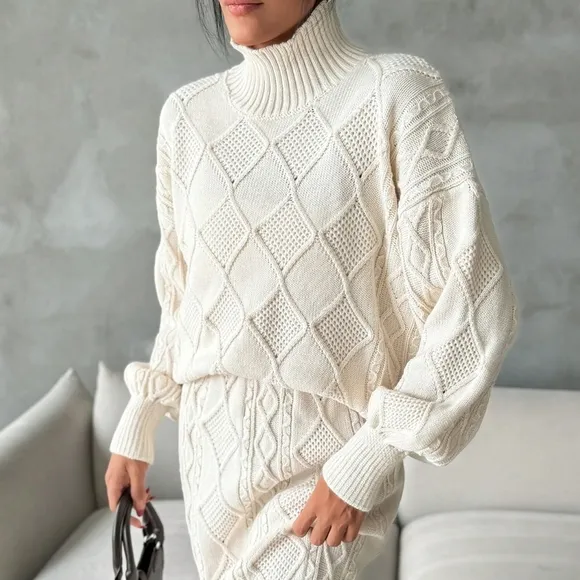 2pcs Women Casual Plain High Neck Long Sleeve Top And Skirt Set