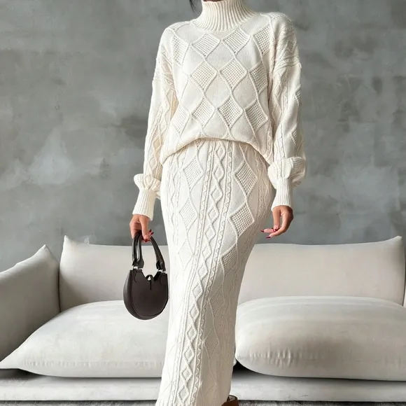2pcs Women Casual Plain High Neck Long Sleeve Top And Skirt Set