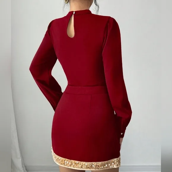 2pcs/Set Women Autumn Elegant Sequin Decorated Long Sleeve Top &amp; Skirt Set