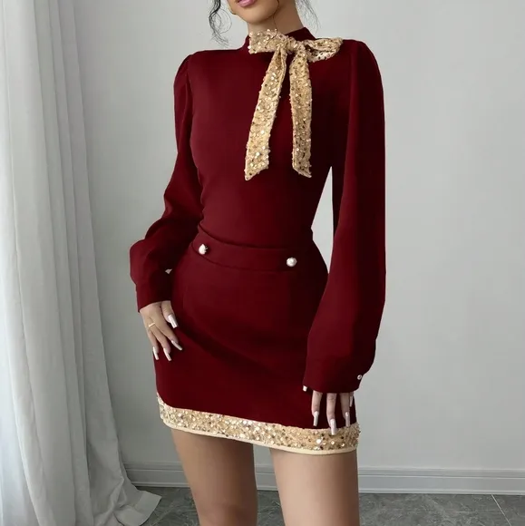 2pcs/Set Women Autumn Elegant Sequin Decorated Long Sleeve Top &amp; Skirt Set