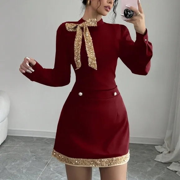 2pcs/Set Women Autumn Elegant Sequin Decorated Long Sleeve Top &amp; Skirt Set