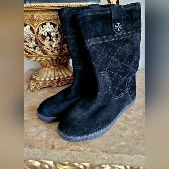 $325 Tory Burch Alana Genuine Suede Shearling Boots Split Pull On Black US6