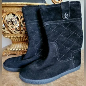 $325 Tory Burch Alana Genuine Suede Shearling Boots Split Pull On Black US6