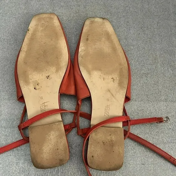 [38/7.5]Zara Burnt Orange red Slingback Genuine Leather flats Mule Sandal