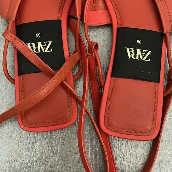 [38/7.5]Zara Burnt Orange red Slingback Genuine Leather flats Mule Sandal