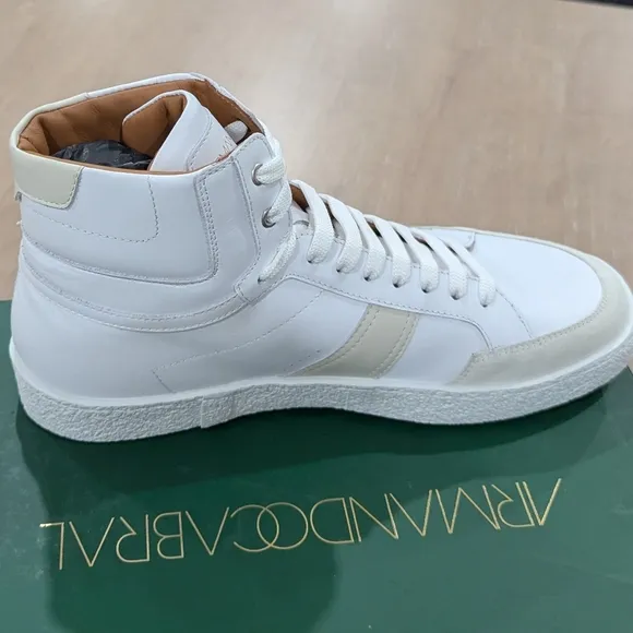 $480 Mens Armando Cabral &quot;Bafata&quot; Leather High-Top Sneakers White/Cream