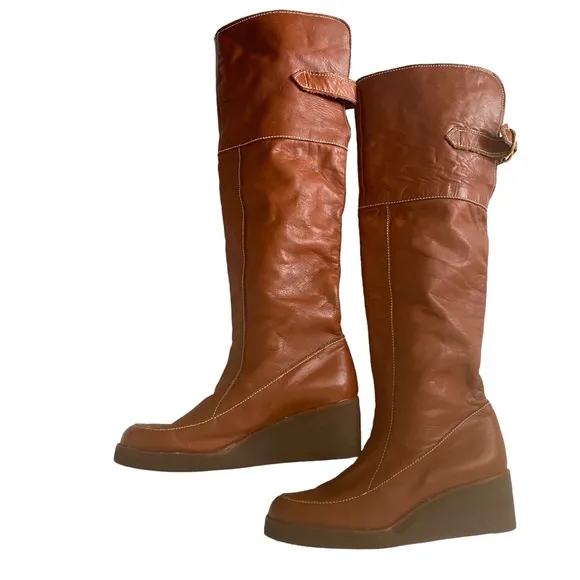 70’s Leather Convertible Shearling Wedge Boots Size 7.5
