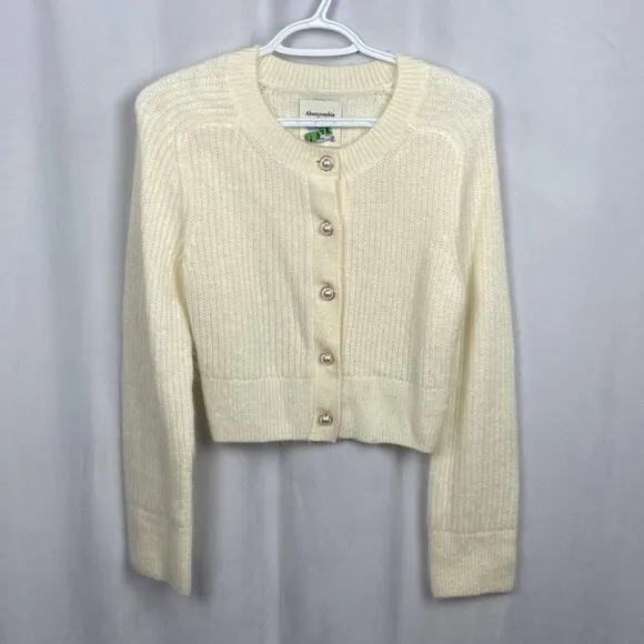 Abercrombie &amp; Fitch Pearl Button-Up Knit Cropped Cardigan - Ivory White - XS