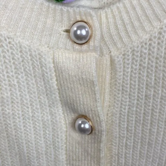 Abercrombie &amp; Fitch Pearl Button-Up Knit Cropped Cardigan - Ivory White - XS