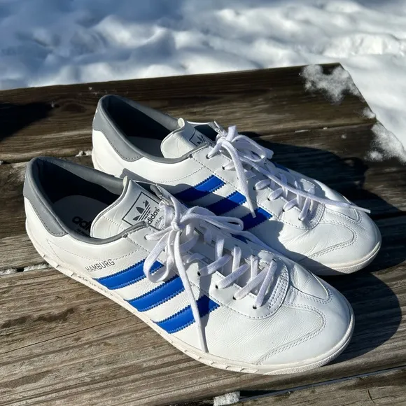 Adidas Hamburg White Blue Leather Laceup Three Stripe Sneakers RARE 11.5