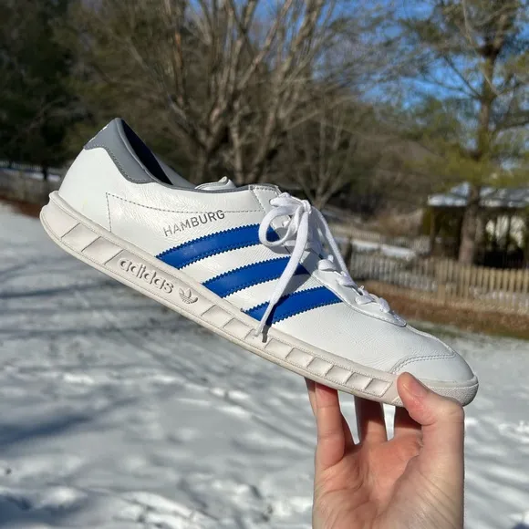 Adidas Hamburg White Blue Leather Laceup Three Stripe Sneakers RARE 11.5
