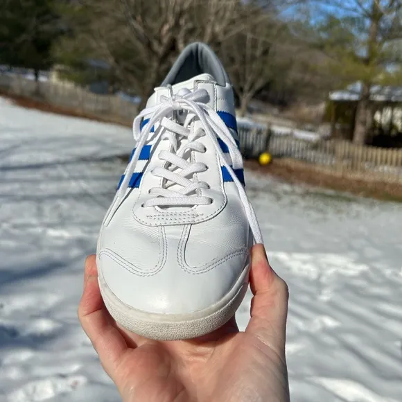 Adidas Hamburg White Blue Leather Laceup Three Stripe Sneakers RARE 11.5