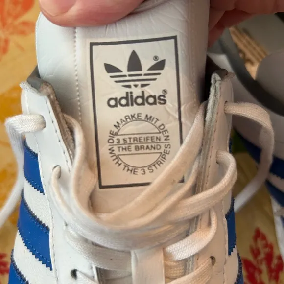 Adidas Hamburg White Blue Leather Laceup Three Stripe Sneakers RARE 11.5