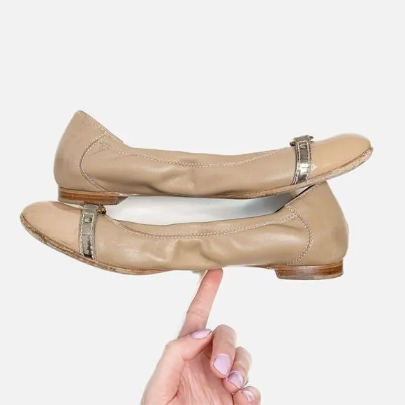 AGL -ATTILIO GIUSTI LEOMBRUNI Tan Cap Toe Buckle Leather Ballet Flats Women’s 40