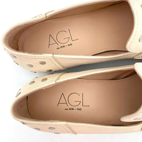 AGL Ines Off White Leather Silver Studded Pointed Toe Loafers Women's 12 NEW