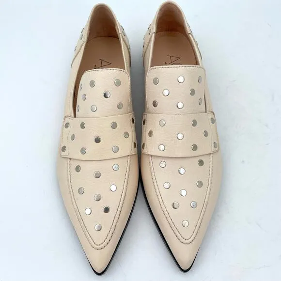 AGL Ines Off White Leather Silver Studded Pointed Toe Loafers Women's 12 NEW