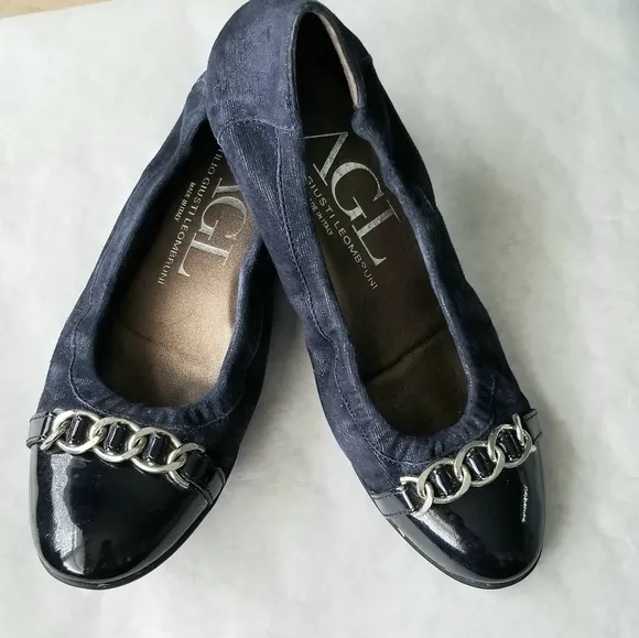 AGL navy black patent toe cap ballet flats