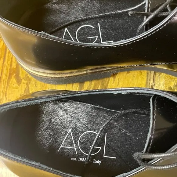 AGL Patent Leather Perforated Lace Up Loafers Black Sz 38.5 (EU) Lightweight