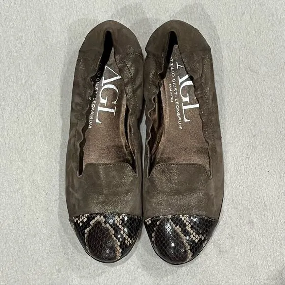 AGL Shimmer Taupe Leather Ballet Flats with Snake Print Cap 39