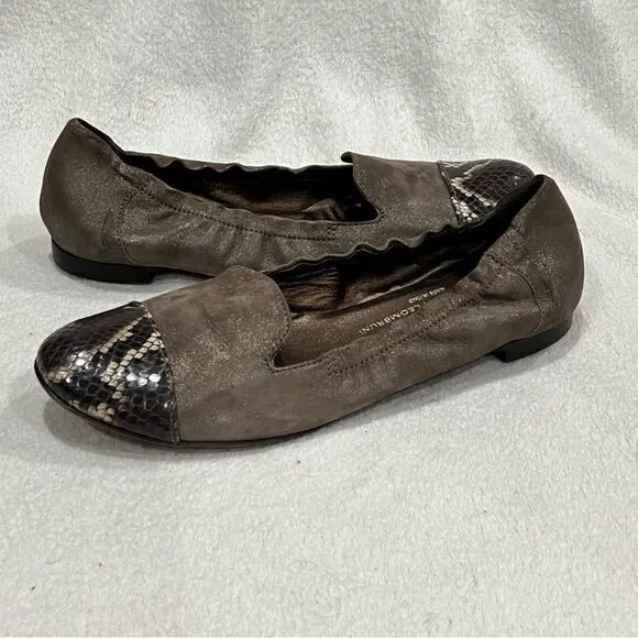 AGL Shimmer Taupe Leather Ballet Flats with Snake Print Cap 39